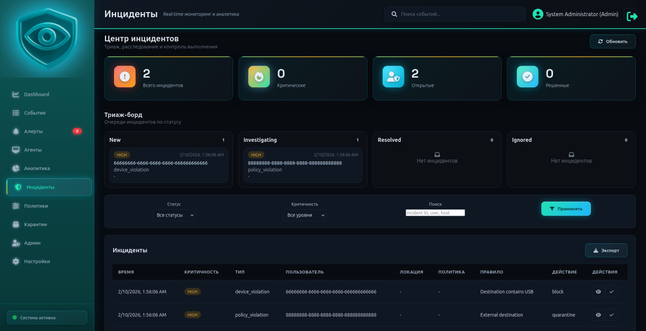АЕГИС DLP: Журнал инцидентов